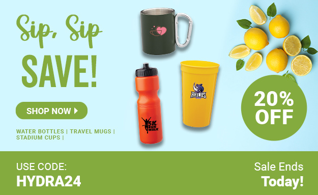 Hydration Sale | 20% Off | Use Code: HYDRA24 | Sale Ends Tomorrow | Shop Now | Discount applied to water bottles, travel mugs and stadium cups.