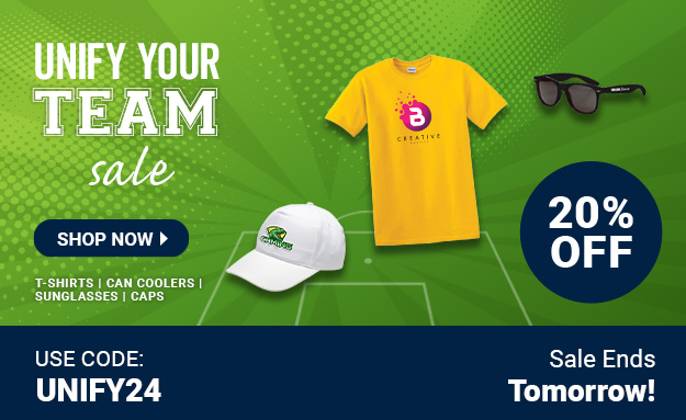 Unify Your Team Sale | 20% Off | Use Code: UNIFY24 | Sale Ends Tomorrow | Shop Now | Discount applied to t-shirts, caps, sunglasses and can coolers.