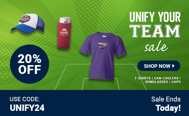 Unify Your Team Sale | 20% Off | Use Code: UNIFY24 | Sale Ends Today | Shop Now | Discount applied to t-shirts, caps, sunglasses and can coolers.